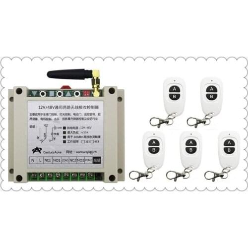 New DC12V 24V 36V 48V 10A 2CH RF Wireless Switch Relay Receiver Remote Controllers & 5* White AB keys Waterproof Transmitter