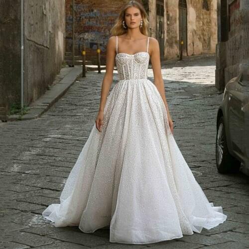 Eightree Silver Glitter Beach Wedding Dress Sexy Spaghetti Straps Boning A-Line Bridal Gowns Zipper Back Simple Long Bride Dress