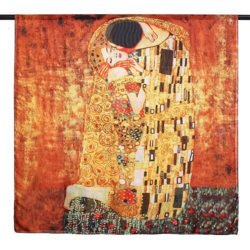 Gustav Klimt Oil Painting Silk Scarf for Women Luxury Brand Silk Shawl Designer Der Kuss Foulard Femme Summer Beach Cover up New