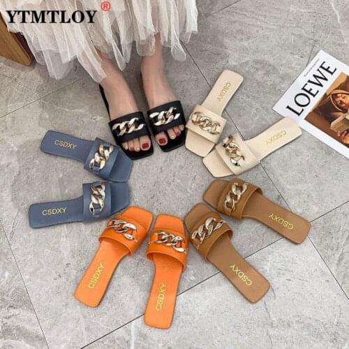 Cute 2021 Women Summer Slipper Square Toe Chain Slippers Slip on Flat Slide Sandals Beach Flip Flops Casual Shoe Ladies Big Size