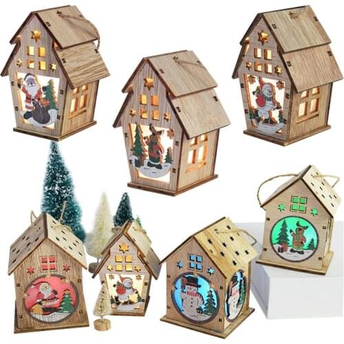 Led Light Christmas Wooden House Snowman Santa Claus Christmas Tree Wooden Pendants Ornament For New Year Xmas Decor Kids Toys