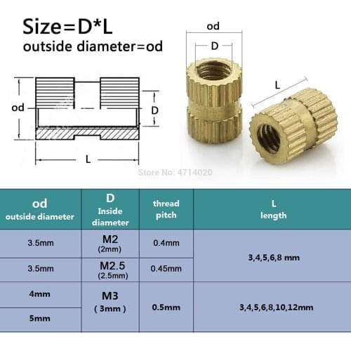 50X M2 M2.5 M3 Solid Brass Pure Copper Metric Thread Injection Molding Knurl Insert Nut Nutsert Round Shape Column OD 3.5 4 5mm
