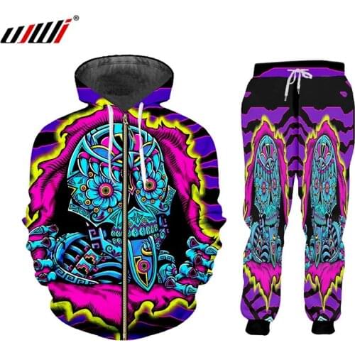 UJWI Custom Oversize S-7XL Mens Sets 3d Punk Skeleton Print Unisex Athletic Zipper Hoodies Jacket+Joggers Pants 2 Piece Set