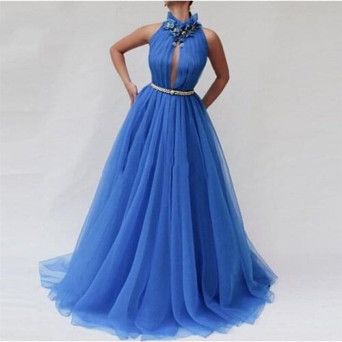 Crystals Evening Dresses Sexy High Neck Pleats A-Line Tulle Blue Beaded Rhinestones Sashes Prom Gowns for Graduation