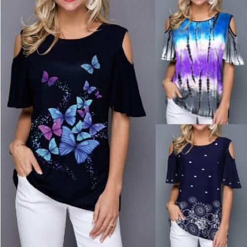 Womens British Style T-shirt O Neck Printing Off Shoulder Short-Sleeve T-shirt Fashion Casual Plus Size Short Sleeved T-shirt