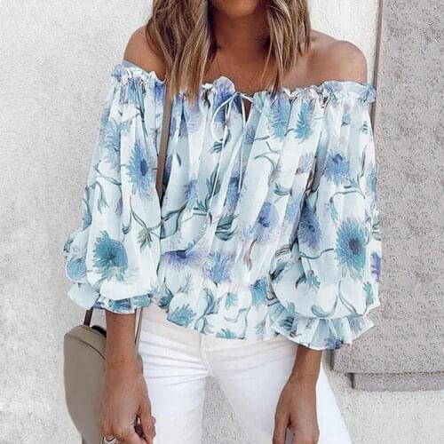 Women Summer Sexy Off Shoulder Blouse Floral Printed Long Sleeve Cool Bohemian Blouse Shirt Drawstring Plus Size Elegant Top