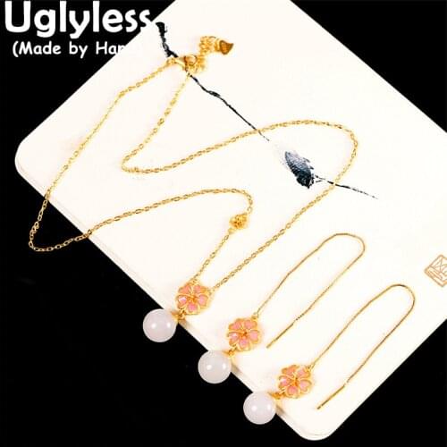 Uglyless Sakura Jewelry Sets for Women Natural Gemstones Hotan Jade Ear Lines Necklaces 925 Silver Flowers Earrings + Chains