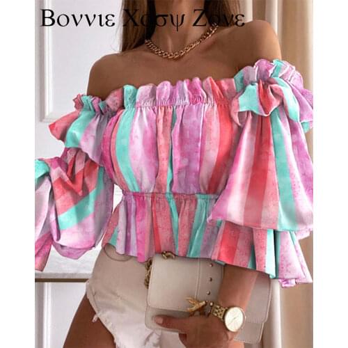 Colorful Striped Off Shoulder Frill Hem Top 2021 Elegant Femme Puff Sleeve Corset Blouse Lady Outfits y2k Tunics