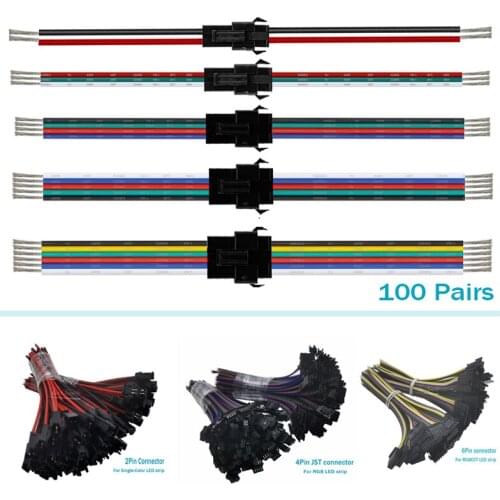 100pairs/lot 2/3/4/5/6pin Male and Female JST Connector DC5-24V For WS2812 5050 Individual Addressable RGB LED Strip Light