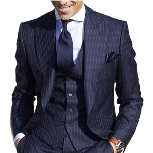3 Piece Navy Blue Stripe Men Business Suit Cocktail Dress Handsome Groom Tuxedos Party Clothes (Jacket+Pants+Vest+Tie) W:311