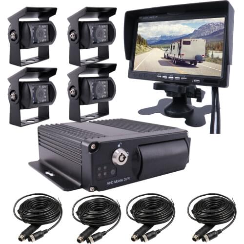 4CH 1080P Mobile Vehicle Car DVR MDVR Video Recorder System with 4 SONY IP69 Rear Side Front Camera for Truck Van Bus RV 7" VGA