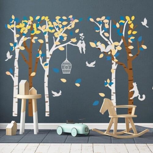 Large Birch Tree Wall Stickers Birdcage Birds Living Room Bedroom Background Creative Self Adheive PVC Mural Art Posters