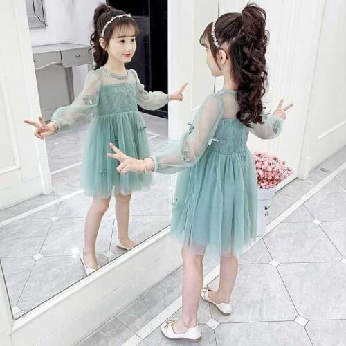 Girl Long Lace Prom Dress With Sweet Flower For Age 3-14 Baby Kids Princess Dresses Green Long Sleeved Wedding Party Dress