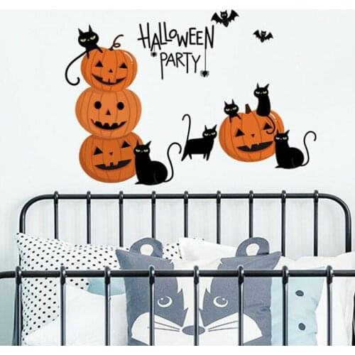 Halloween Pumpkins with Cat Wall Decals Wallpaper Scary Seasonal Home Decor Wall Stickers