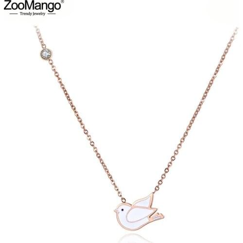 ZooMango New Stainless Steel White Glaze Peace Pigeon Choker Necklace Jewelry Lovely Pendant Chain Necklace For Women ZN19083
