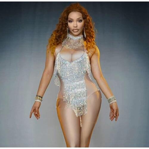 Shiny Sequins Tassel Sexy Bodysuit Women Sexy Jumpsuit Party Nightclub Bar Dance Costume Stage Prom Singer Show Costume Spandex