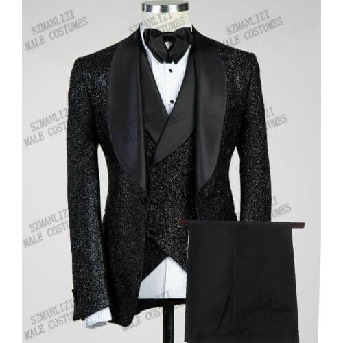 Handsome Shiny Black Men Suits Slim Fit Wedding Groom Tuxedos Shawl Lapel 3 Pieces Formal Prom Party Suits Jacket+Vest+Pants