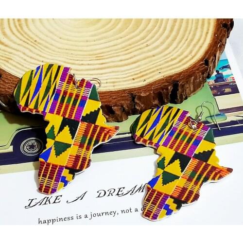 MOFLO Jewelry Africa Map Outline Wood Earring African Colorful Printed Stripes Geometric Earrings For Women
