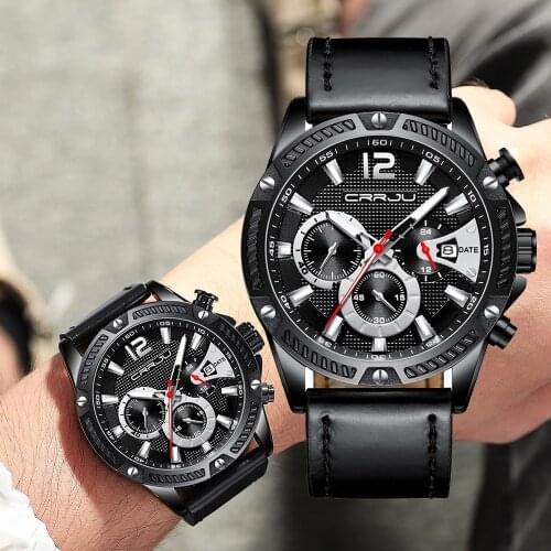 Mens Leather Watches CRRJU Luxury Fashion Casual Quartz Watches for Mens Chronograph Date Waterproof Man Watches reloj hombre
