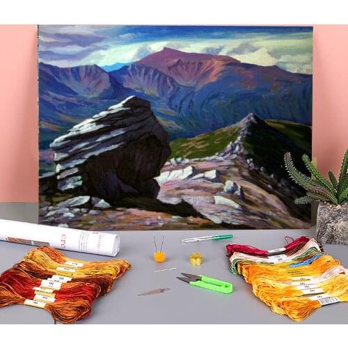 Landscape Mount Dzembronja Printed Water-Soluble Canvas 11CT Cross Stitch DIY Embroidery Kit DMC Threads Hobby Wholesale