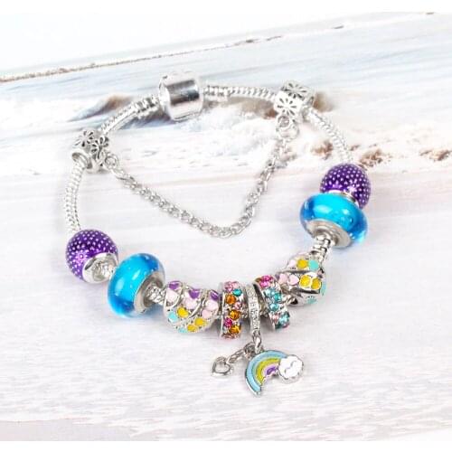 New Arrival Handmade Silver Plated Brand Charm Bracelet with Blue Crystal Rainbow Beads Bracelets For Women Jewelry Gifts