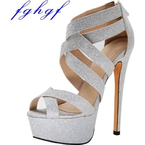 Fghgf New Womens sandals, 16cm high and shimmering silver mesh crossed with stylish sandals for wedding parties