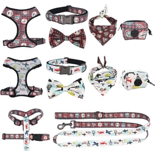 New airplane dog collar bowtie matching harness,vest,poo bag and bandana for pet gift