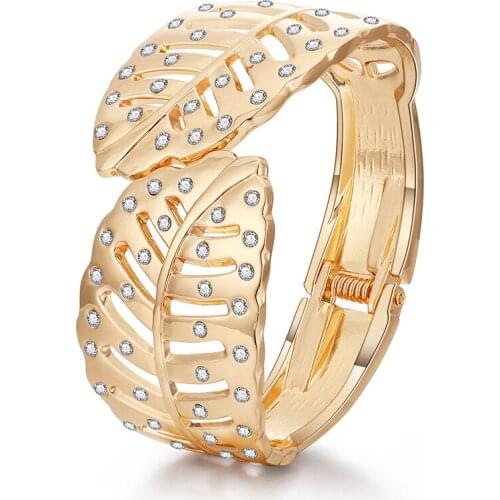 ORNAPEADIA New Bracelet for Women Elegant Ladies Jewelry Symmetrical Feather Shape Diamond Gold-plated Open Bracelet Hot Sale