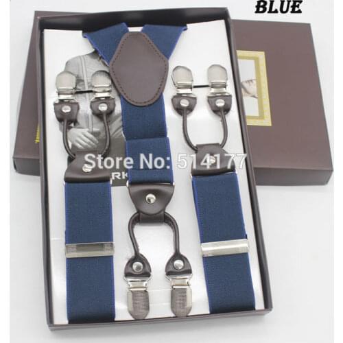 2017 blue 6 Clips suspenders fashion braces gift box Adjustable man/woman suspenders Birthday Gift Wedding apparel accessories