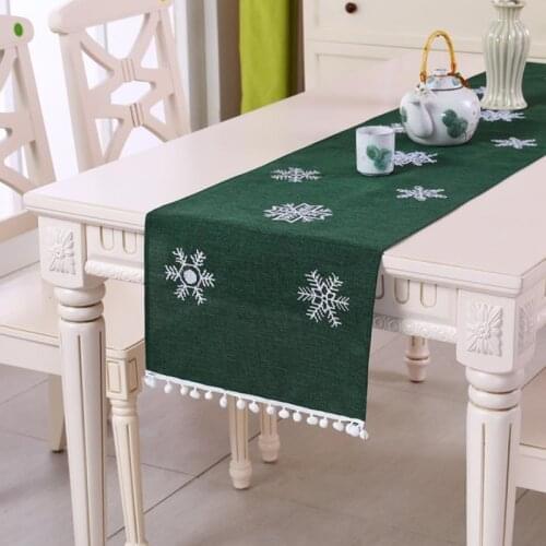 Nordic Christmas Cotton Linen Snowflake Table Runner Green Tablecloth Table Mat Restaurant Home Decoration Placemat