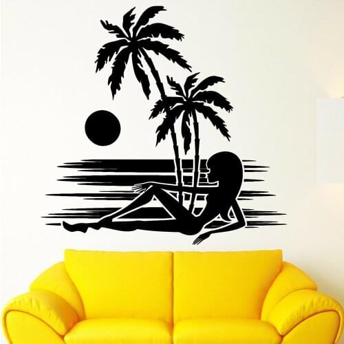 Sexy Girls Vinyl Wall Decal Silhouette Sexy Girl Window Beach Sunset Palms Tree Home Bedroom Wall Decals Wall Decor