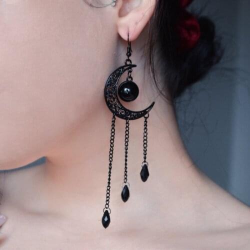 Onyx Moon Variant Black Dangle Moon Drop Earrings Crystal Pai