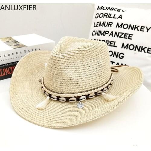 H7543 Men Cowboy Straw Hat Female Outdoor Horse Riding Climbing Travel Sunscreen Cap Women Male Summer Sunshade Anti-UV Hats