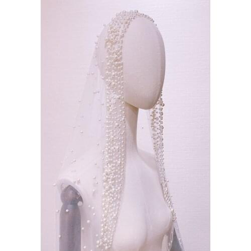 Romantic Trailing Cathedral Wedding Veil One-Layer Pearl Beading Headpiece