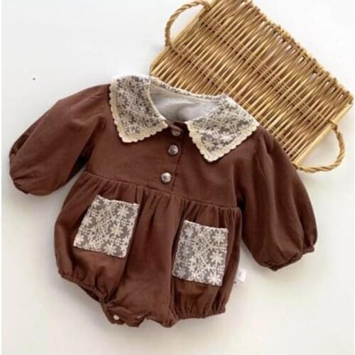Vintage Lace Petal Collar Jumpsuit for Girls Clothing Autumn Winter Warm Long Sleeve Baby Romper Toddler One-Piece Clothing Xmas