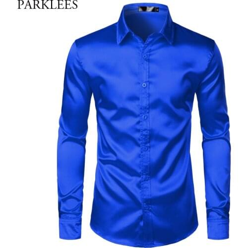 Royal Blue Silk Satin Shirt Men 2019 Luxury Brand New Slim Fit Mens Dress Shirts Wedding Party Casual Male Casual Shirt Chemise
