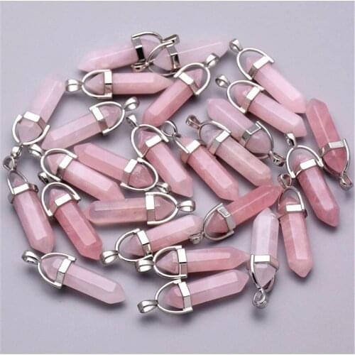 Yingwu 20pcs Bullet Shape Hexagonal Prism Healing Point Rose Quartz Stone Pendants Summer Jewelry Women Girl Gift Free Ship