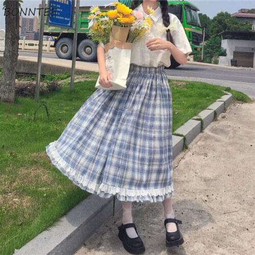Skirts Women Lovely Tender Blue All-match Summer Stylish Plaid Leisure Preppy Girls Ulzzang Popular Design Kawaii Elastic Waist
