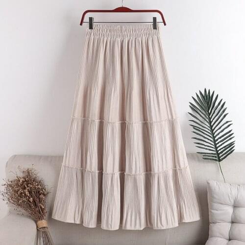 Elastic waist big hem pure color pleated stitching skirt Women new 2020 autumn winter high waist thin mid-length female skirt
