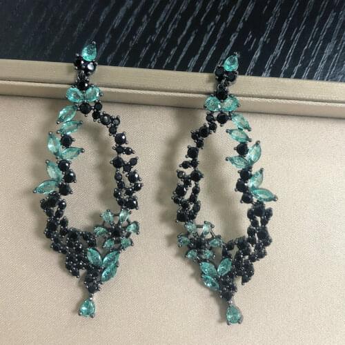 Bilincolor Fashion New Long Cubic Zirconia Blue and Black Drop Earrings