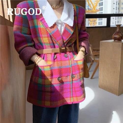 RUGOD Fashion Bright Pink Green Plaid Knit Suit Korean Elegant Notched Collar Belted Vintage Jacket Autumn Winter Womens Suits