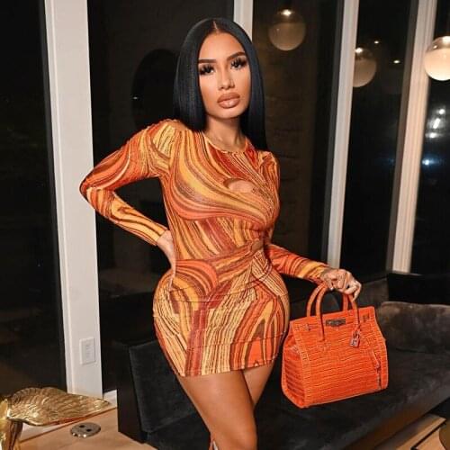 Wsevypo Women Long Sleeve Mini Sheath Dress 90s Vintage Abstract Printed Hollow-Out Round-Neck Short Bodycon Dress Clubwear