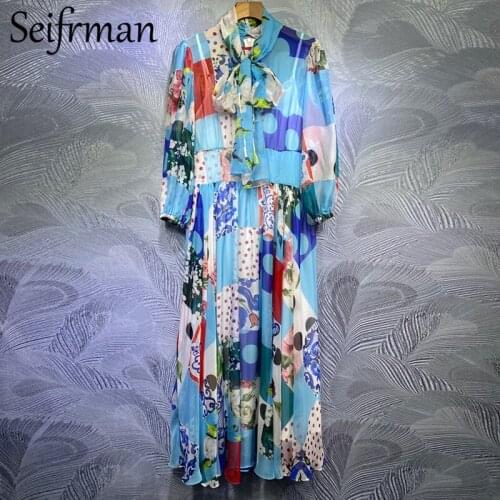 Seifrmann Women Summer Fashion Runway Party A-Line Dress Bow Lantern Sleeve Floral Print Elegant Bodycon Ladies Midi Dresses