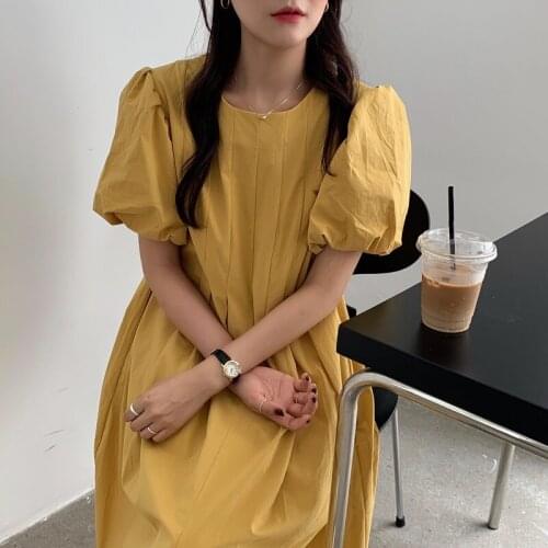 Puff Short Sleeve Casual Korean Party Dress Women O-Neck Loose Long Midi Dress Vintage Elegant Oversized A-Line Pleated Cotton