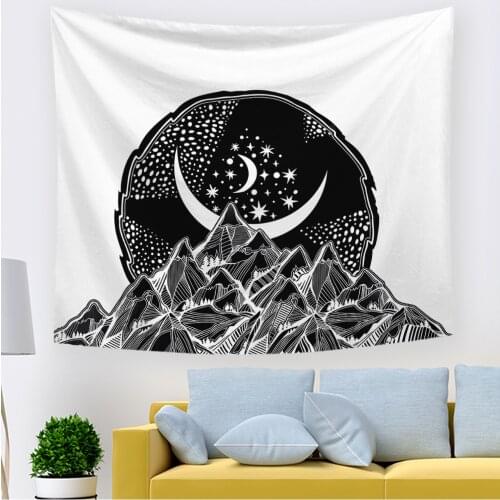 2021 Hawkalice Mountain Moon Tapestry Stars River Black And White Hippie Art Tapestry Wall Hanging For Home Decor