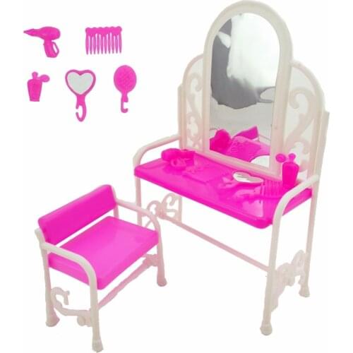 7 Pcs / Set Plastic Classical Dresser Table Chair House Bedroom Mirror Comb Furniture for Barbie Doll Accessories Toy Kids