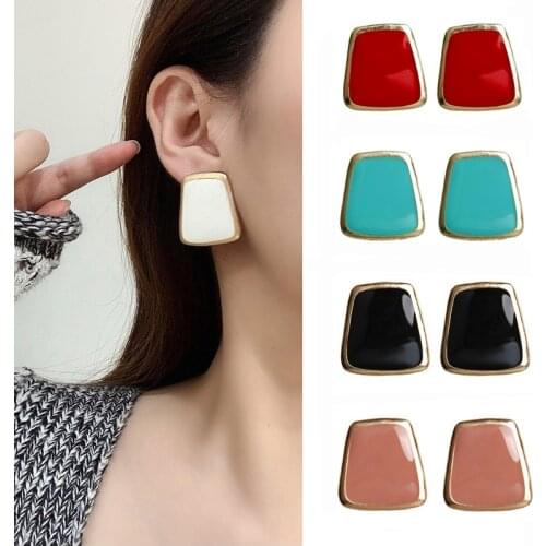 2020 Korean Enamel Big Square Stud Earrings Female Fashion Sweet Crystal Heart Round Earring Wedding Jewelry Romantic Gift