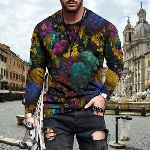 New fashion mens printed floral long-sleeved soft and thin spring and summer standard version holiday leisure long-sleeved