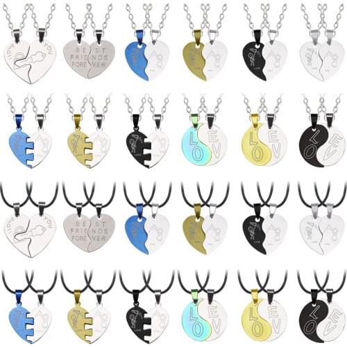 DIY Stainless Steel Leather Rope Couple Necklace Heart-Shaped Round Various Colors Pendant Steel Chain Leather Rope Jewelry Gift