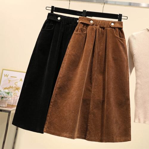 Casual Retro Autumn Winter Clothing Large Size Corduroy Womens Skirt Mid-Length High Waist Loose A-Line Skirt Mujer Faldas M99